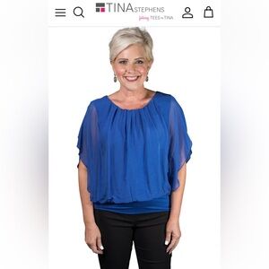Imperfect silk top blue flutter sleeve banded top Tina Stephens made in Italy